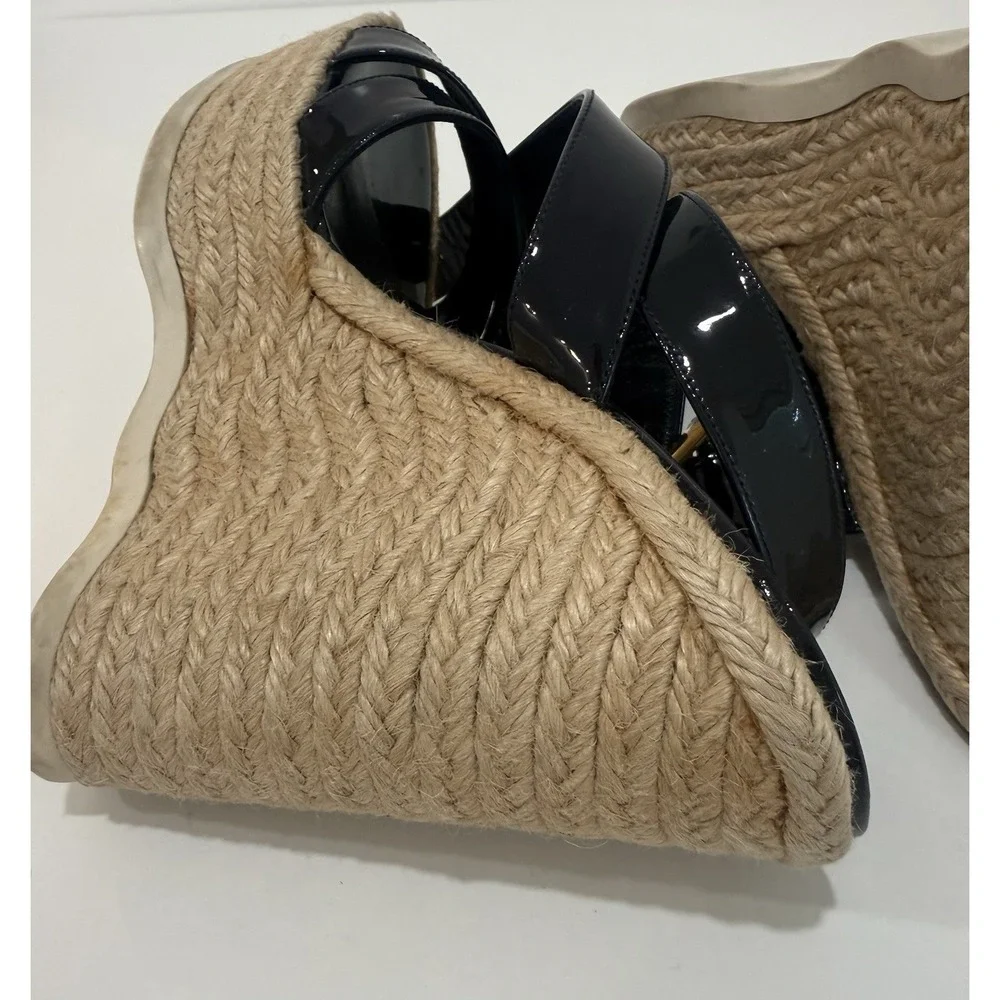 Yves Saint Laurent Espadrille Wedge Sandals Shoes Dark Blue Leather Size 37.5